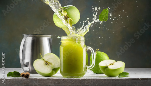 Green apple juice splash in jar and fresh apple fruit slices