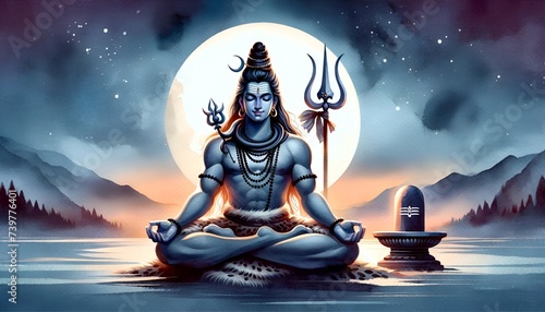 Watercolor illustration for maha shivratri with lord shiva,trident and lingam at night.