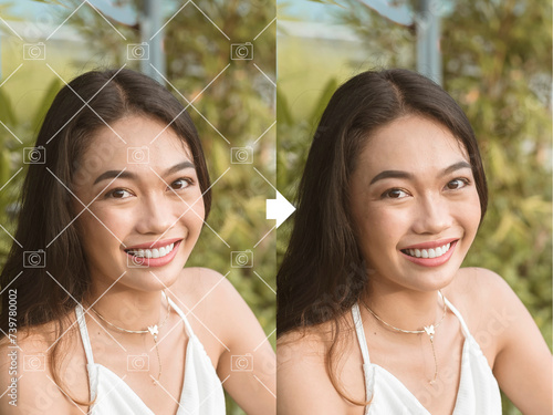 Before and after example of AI copyright or watermark remover tool erasing watermarks from a a stock photo of a young woman.