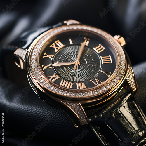 men's gold watch on black fabric, jewelry, close-up