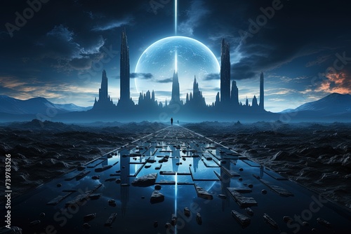 Fantastic city with a looney background. abstract, blue, sci-fi background