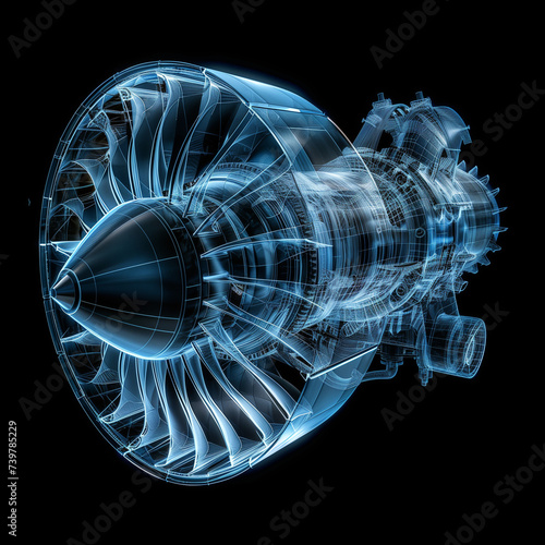 Jet engine 3D xray blue transparent,