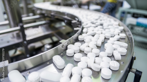 A conveyor belt moves numerous white pills along a production line, creating a mesmerizing cascade of pharmaceuticals in a factory setting.