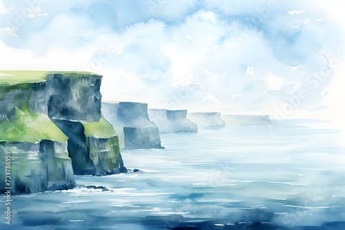 Watercolor Ireland cliffs of Moher landscape background for nature country symbol illustration design