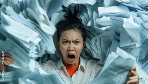Asian office Woman Worker Under the Pile of Papers cluttered Document Pissed off and Shock Too much Workload