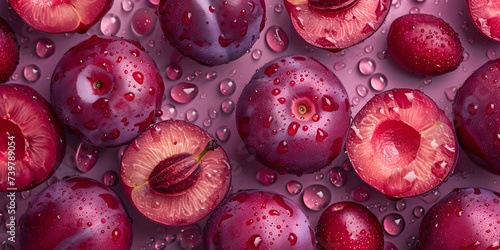 Pile of purple plums with water droplets on the top of them generative ai