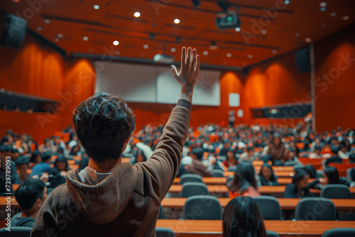 Student Participating in University Auditorium. Back view of a student with raised hand in a busy university auditorium during a lecture.