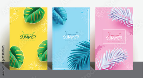 Summer tropical vector poster set. Summer tropical text with monstera and palm leaves elements for minimal seasonal template collection. Vector illustration summer flyers design. 