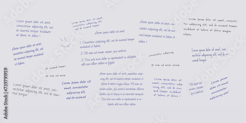 Handwritten text blocks realistic vector illustration. Notes lists and greetings on white background. Messages for homies and coworkers