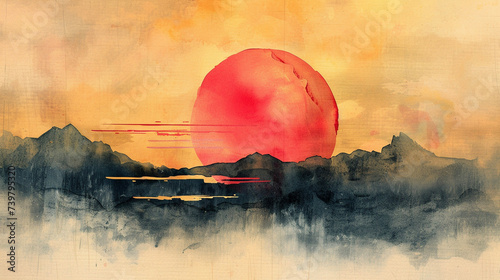 赤い太陽と山の風景 Generative AI