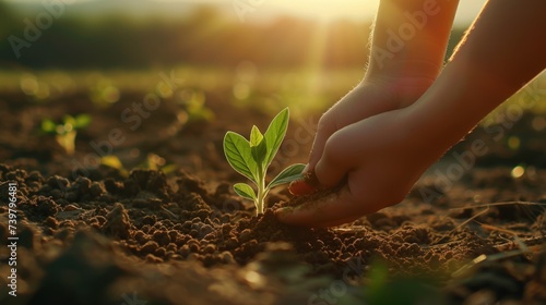 A young plant seedling in the ground. A man plants seedlings during the sowing season. Farming. Concept of natural plants and seeds for health.