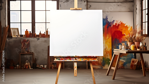 Blank painting canvas with painting art workshop background.