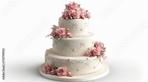 wedding cake, elegantly displayed against a crisp white background, showcasing its intricate design