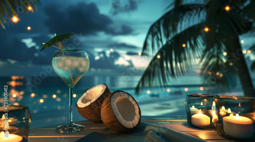 Coconut cocktail party on a space hotel terrace overlooking a beach on Earth below a luxury autumn celebration