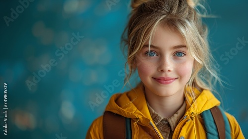 The smile of a little blonde girl aged 12-13 who wears a yellow jacket and holds books in a backpack isolated on a pastel blue background. Childhood lifestyle concept. School education.