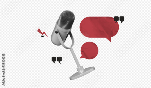 Trendy Halftone Collage Online Broadcasting concept. Audio recording of interview. Microphone with speech bubble messages. Talking in podcast. Streaming service. Contemporary vector art