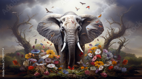 elephant in the flowers with butterflies