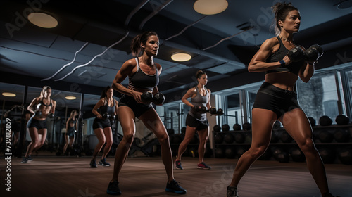 a fitness studio, a group of attractive individuals engages in a high-energy workout routine with dumbbells