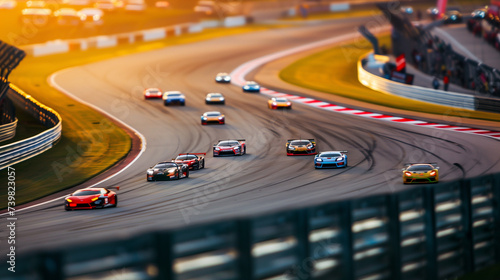 Panoramic View of a Grand Prix Race Track During Golden Hour, Dynamic Motorsport Event with Spectators and Racing Cars Speeding on the Circuit