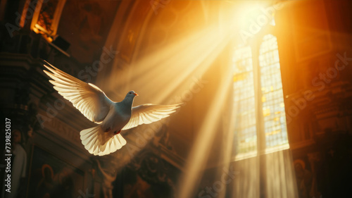 Pigeon flying in the church with rays of light and lens flare
