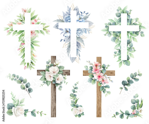 Watercolor vector religious crosses with eucalyptus branches, flowers and leaves. Eastern Catholic symbol. Design elements first communion, church holidays.Hand drawn illustration.