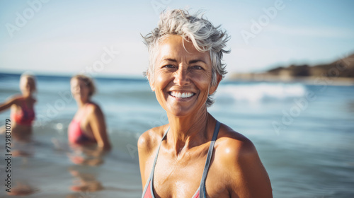 Senior woman smiling on a sunny beach with friends enjoying the sea