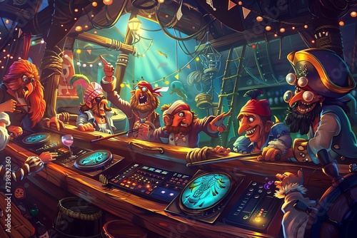 A group of colorful cartoon characters are depicted sitting together at a bar, engaging in conversation and enjoying drinks in a lively setting. Generative AI
