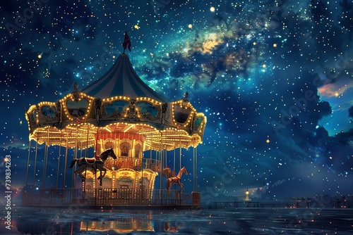 A merry go round spins under the cover of darkness, its colorful lights casting a hypnotic glow on the empty playground. Generative AI