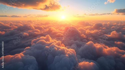 Flying above the clouds with beautiful golden clouds and sunset and blue sky