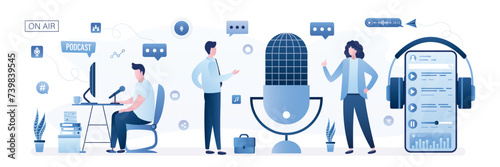 Podcast, radio, live show. Media host at workplace. Podcaster, blogger or broadcaster at workspace. Characters create media content. Online interview.
