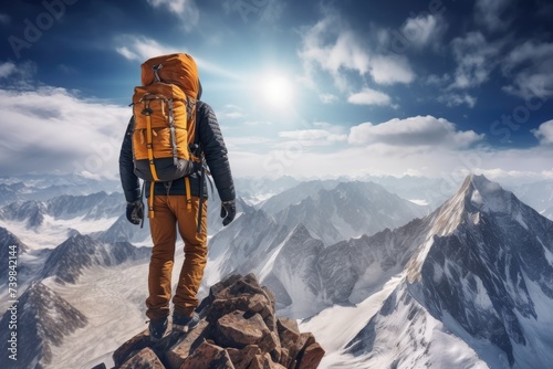 Top of The World: A Mountaineer Achieving New Heights in the Stunning Snowcapped Mountain Range.