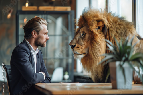 business man meeting with a lion for deal business, brave and against big deal photo