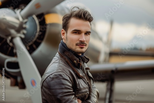 Handsome Pilot in Leather Jacket Standing by Vintage Airplane