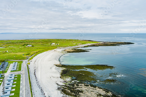 Aerial view of Inishmore or Inis Mor, the largest of the Aran Islands in Galway Bay, Ireland. Famous for its Irish culture, loyalty to the Irish language, and a wealth of ancient sites.