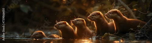 Mink family in the forest with setting sun shining. Group of wild animals in nature. Horizontal, banner.