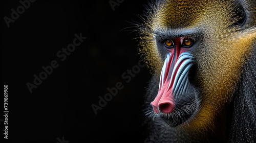 Banner of a mandrill on blured nature background, with empty copy space 