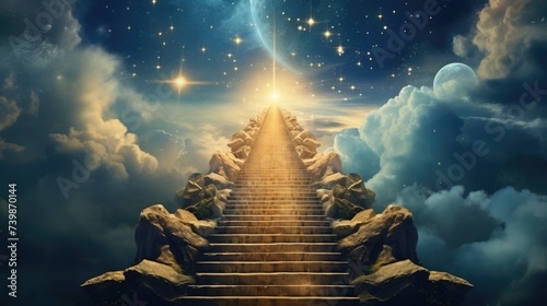 Stairway to heaven concept. Stairway through the clouds to the heavenly light and new world
