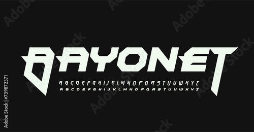 Futuristic cyber alphabet, dynamic edgy letters, sleek gaming font for sharp logos, aggressive sci-fi headlines, modern tech typography. Vector typeset