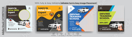 Editable social media post ads or instagram post banner template set for car Driving school and car repair and car washing web banner or square flyer design bundle with 3d car illustration