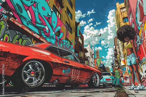funky street scene with graffiti-covered walls, vintage cars, and people wearing afros and platform shoes, manga anime style