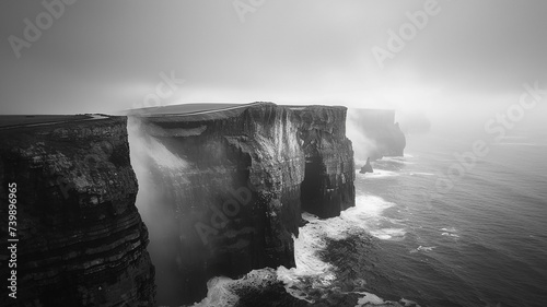 Jagged cliffs embrace veils of mist, nature's silent guardians. 