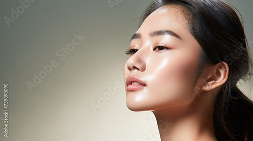 closeup of glamorous face of glowing Asian female model with natural beautiful skin using makeup remover on bright background created with Generative AI Technology