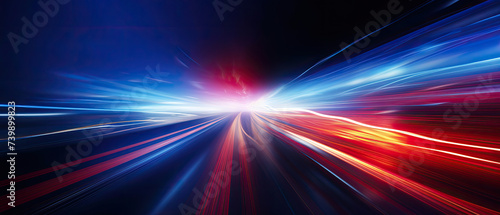 High speed light motion trails futuristic wallpaper blur light glowing effect in blue and red light streaks on dark background created with Generative AI Technology