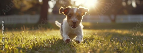 A happy little dog runs through the green grass in the rays of the sun. Animal background for advertising.