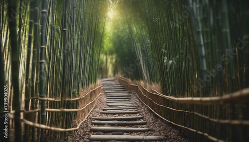 path through bamboo trees with sunlight 