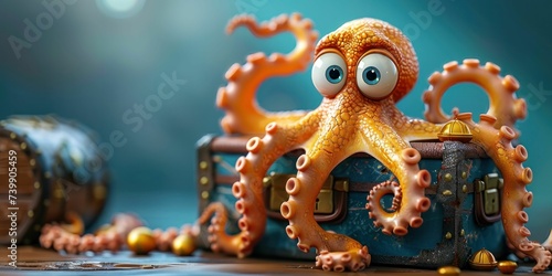 Playful 3D cartoon octopus with chest in deep blue sea setting