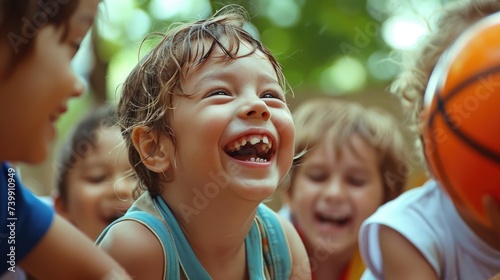 Describe the joyous laughter and cheers of encouragement from the child's friends watching from the sidelines.
