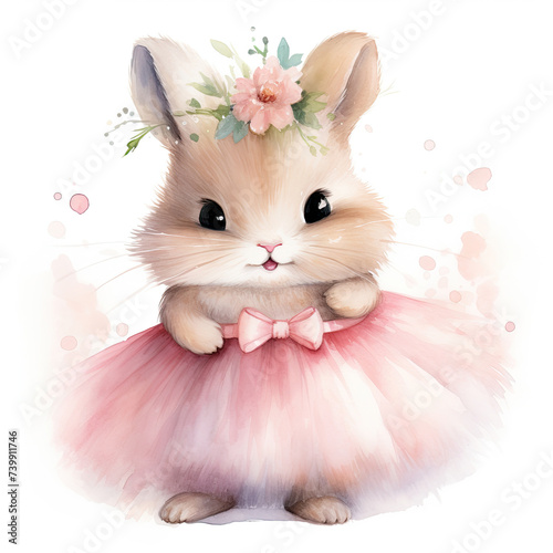 cute little chubby baby rabbit in pink ballet uniform watercolor isolated on white background created with Generative AI Technology