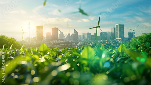 Lush green foliage in the foreground with a backdrop of a modern cityscape and wind turbines, illustrating urban sustainability