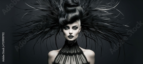 Dramatic black and white fashion portrait with exotic hairstyle